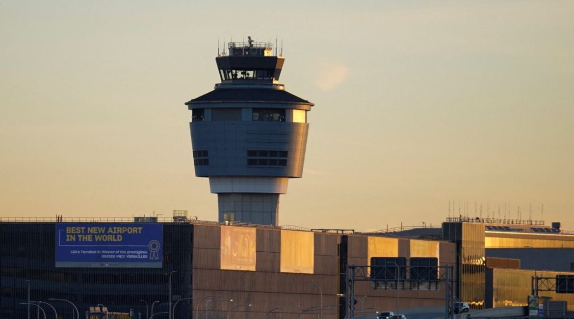 The air traffic control tower at New York's Laguardia Airport in the Queens borough of New York City, U.S., November 7, 2025. (Reuters/Ryan Murphy)