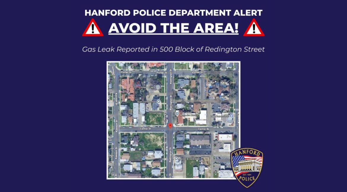 The city of Hanford urged the public to avoid the 500 block of Redington Street in downtown Hanford after a gas leak was reported, with fire crews and the gas company responding on scene on Tuesday, Jan. 6, 2025. (City of Hanford)