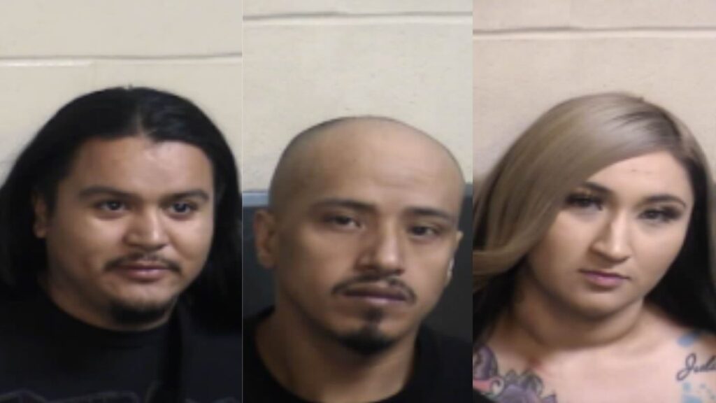 Three suspects, Luis Ramirez (left), 28, Ramiro Arevalo (center), 34, and Sabrina Puentes, 31, were arrested in connection with a New Year’s Day stabbing outside Bobby Salazar's that left two men injured, police said. (Fresno PD)