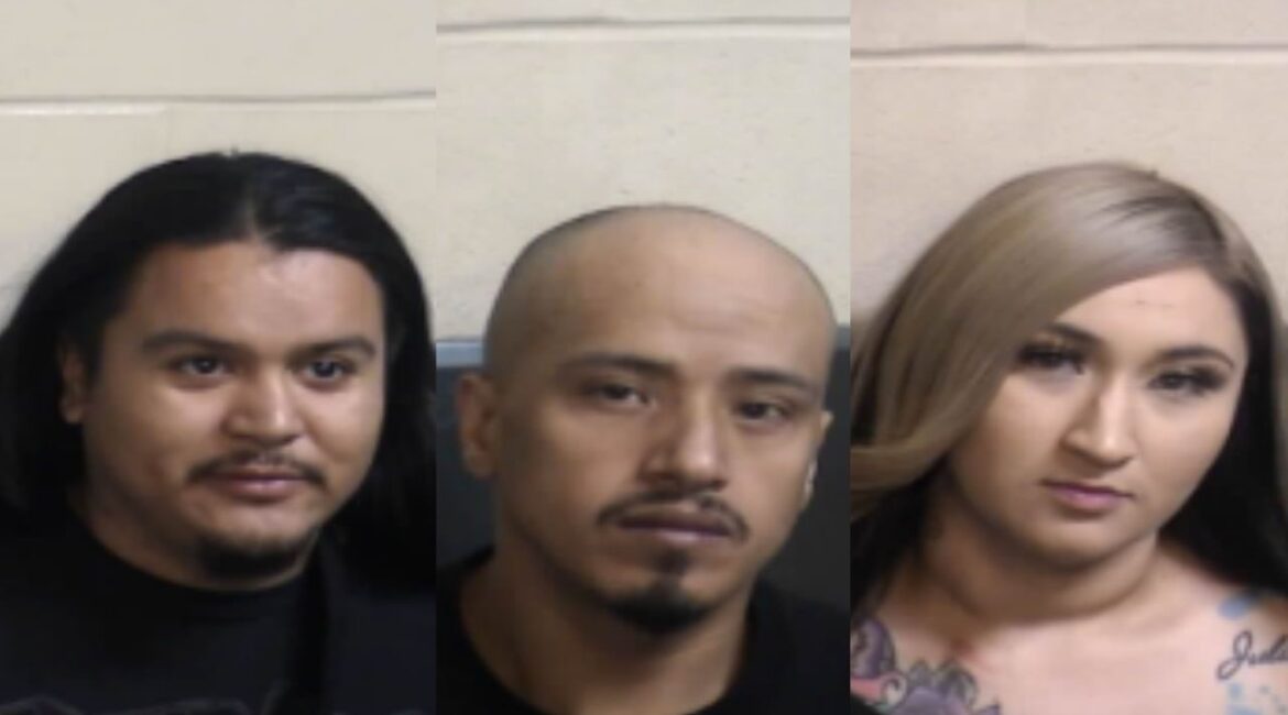 Three suspects, Luis Ramirez (left), 28, Ramiro Arevalo (center), 34, and Sabrina Puentes, 31, were arrested on Tuesday, Jan. 13, 2026, in connection with a New Year’s Day stabbing outside Bobby Salazar's that left two men injured, police said. (Fresno PD)