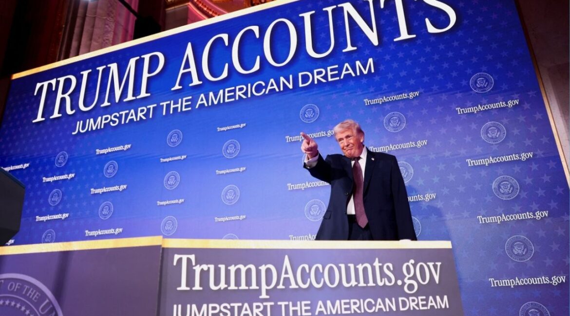 U.S. President Donald Trump points a finger onstage at the U.S. Treasury Department's Trump Accounts Summit, in Washington, D.C., U.S. January 28, 2026. (Reuters/Kevin Lamarque)