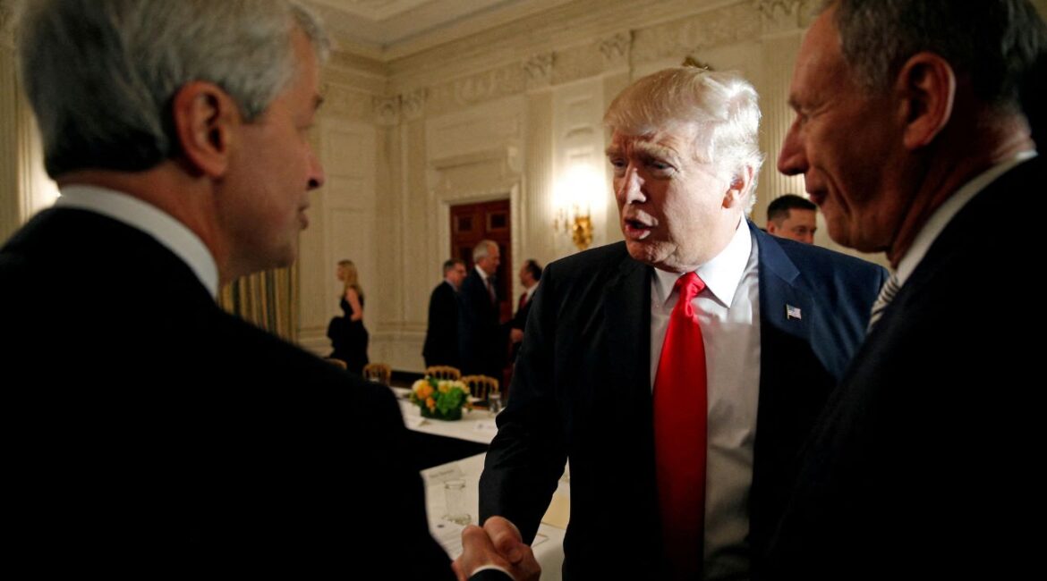 U.S. President Donald Trump shakes hands with JPMorgan Chase & Co CEO Jamie Dimon (L) as he hosts a strategy and policy forum with chief executives of major U.S. companies at the White House in Washington February 3, 2017. (Reuters/Kevin Lamarque/File Photo)