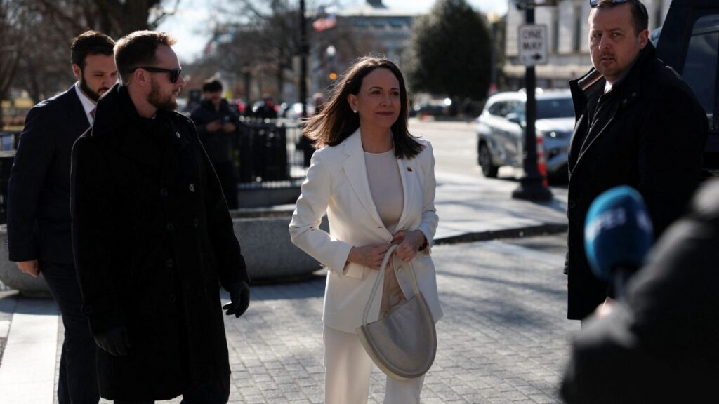 Venezuelan opposition leader Maria Corina Machado walks on the day of a meeting with U.S. President Donald Trump at the White House in Washington, D.C., U.S., January 15, 2026. (Reuters/Kylie Cooper)