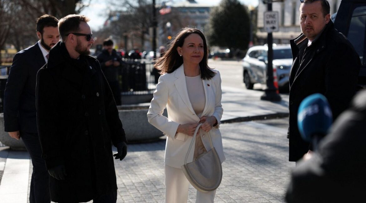 Venezuelan opposition leader Maria Corina Machado walks on the day of a meeting with U.S. President Donald Trump at the White House in Washington, D.C., U.S., January 15, 2026. (Reuters/Kylie Cooper)