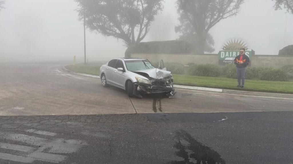Visalia police urged drivers Thursday, Jan. 15, 2026, to slow down and exercise caution as dense fog creates hazardous conditions at multiple intersections. (Visalia PD)