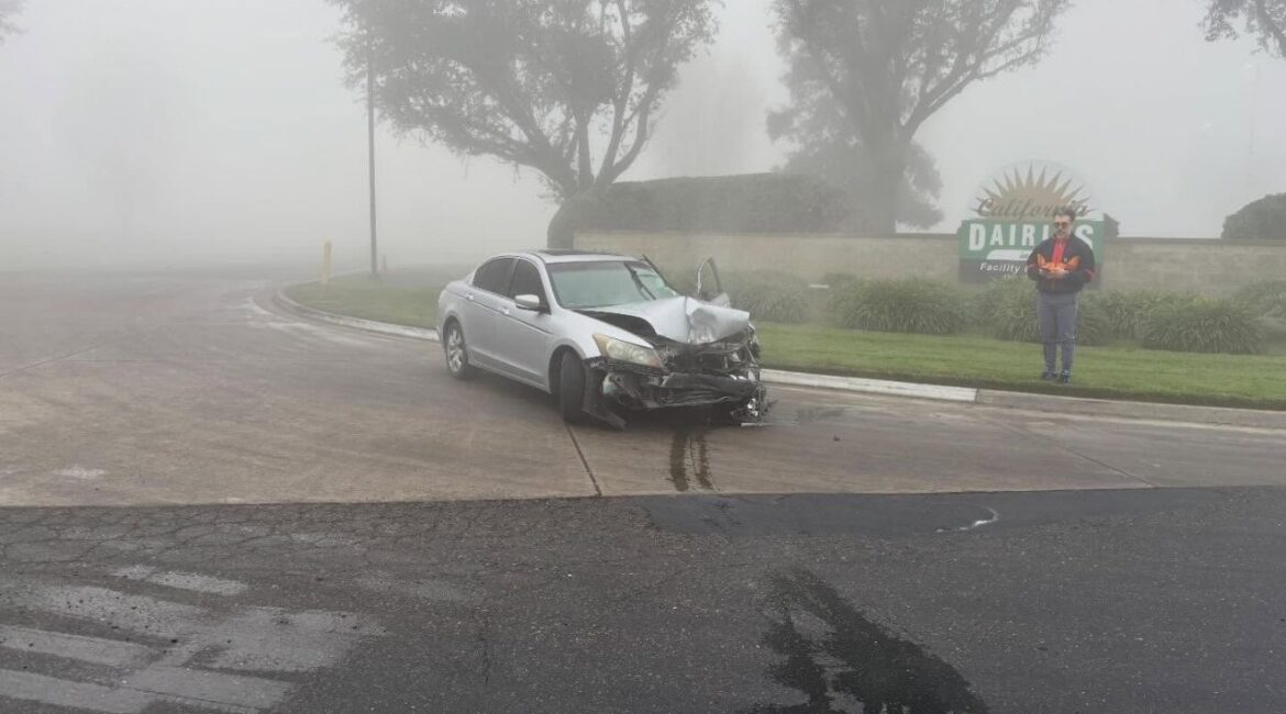 Visalia police urged drivers Thursday, Jan. 15, 2026, to slow down and exercise caution as dense fog creates hazardous conditions at multiple intersections. (Visalia PD)