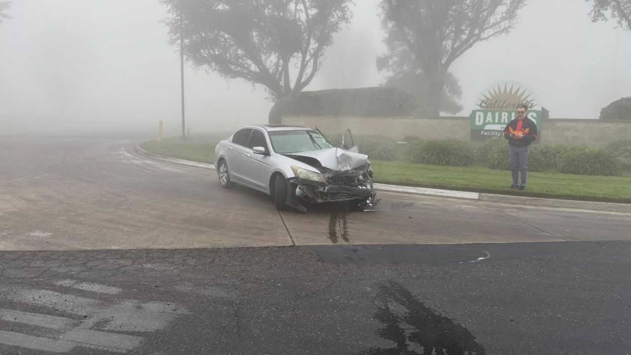 Visalia police urged drivers Thursday, Jan. 15, 2026, to slow down and exercise caution as dense fog creates hazardous conditions at multiple intersections. (Visalia PD)