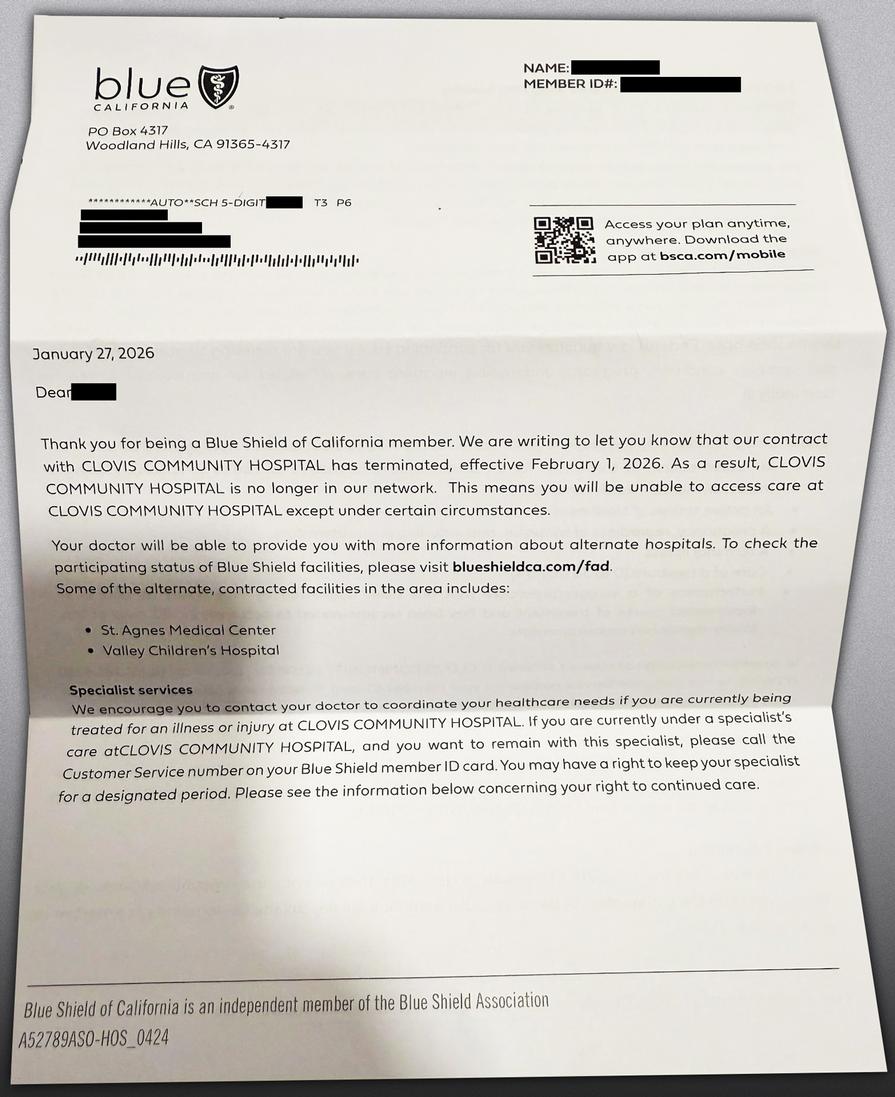 letter about Blue Shield