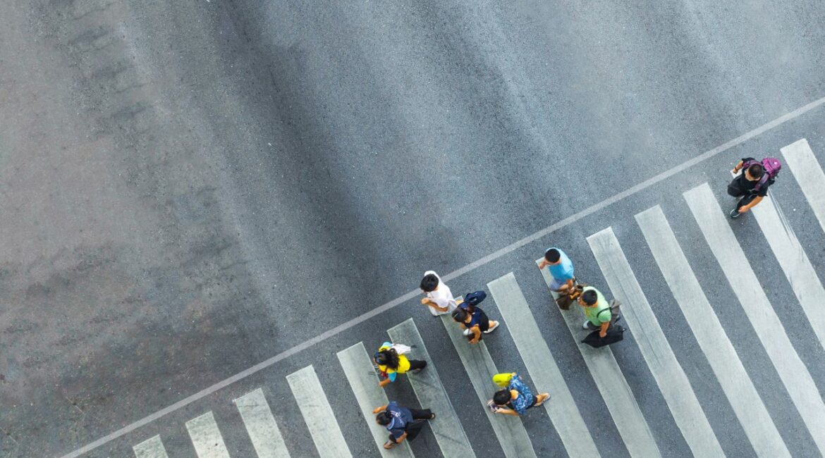 Aerial view of people in a crosswalk