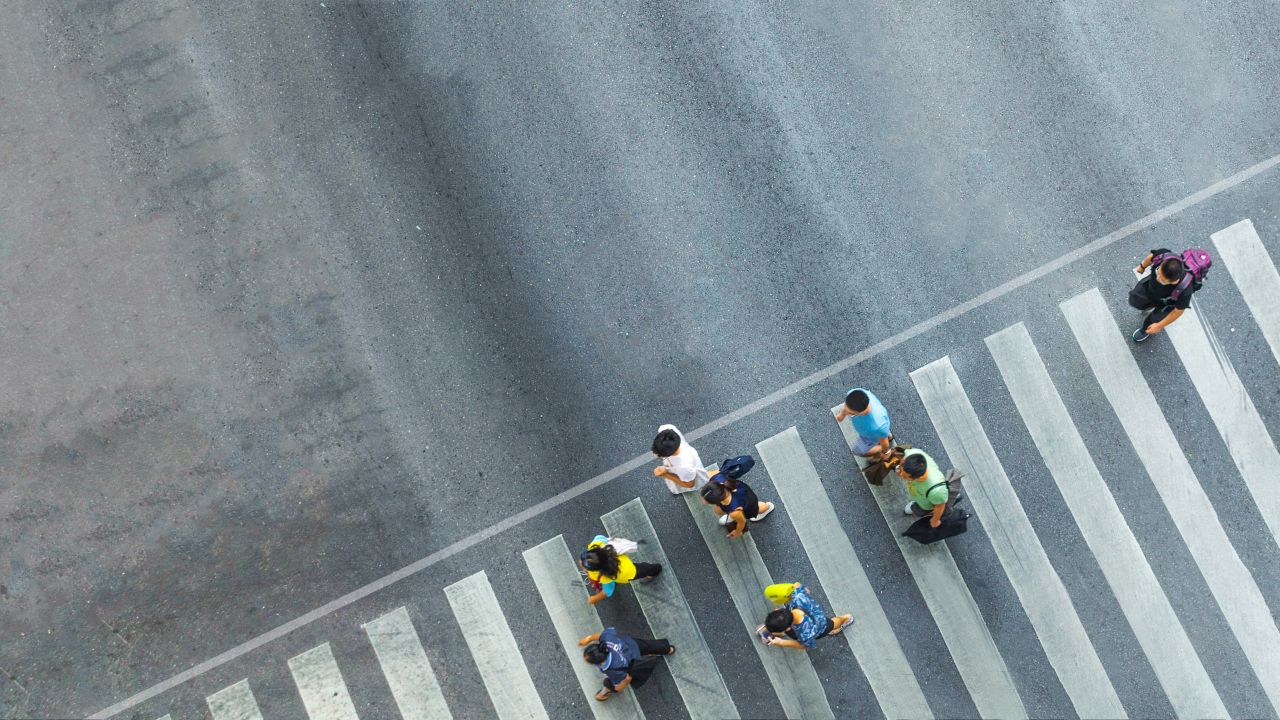 Aerial view of people in a crosswalk