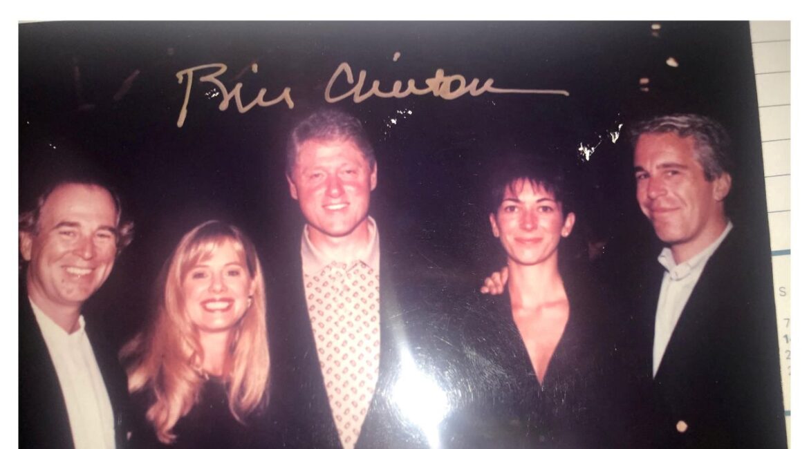 Image of Bill Clinton at a party with convicted sex traffickers Ghislaine Maxwell and the late financier Jeffrey Epstein.
