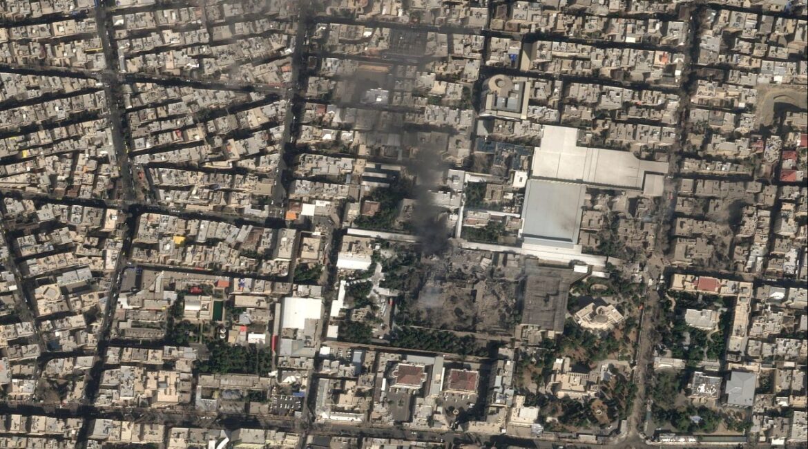 Satellite image of black smoke and heavy damage at Iranian Supreme Leader Ayatollah Ali Khamenei's compound.