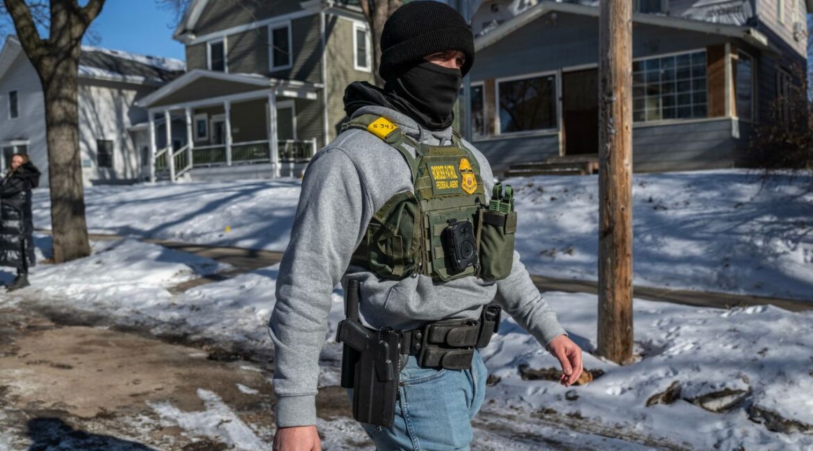 A Border Patrol agent wearing a body camera stops to confront a vehicle that had been following his unit in Minneapolis, on Thursday, Jan. 29, 2026. As the aggressive tactics of federal officers advancing President Trump’s immigration crackdown have come under scrutiny, the use of body cameras has emerged as a rare point of bipartisan agreement in negotiations over a spending bill to keep the Department of Homeland Security running. (Victor J. Blue/ The New York Times)