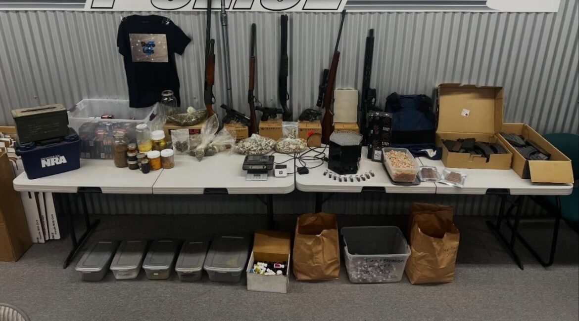 A Thursday, Feb. 12, 2026, afternoon search in the 1000 block of Creek Court in Farmersville led to the arrest of two adults, the seizure of eight firearms and drugs, and the removal of three young children into protective custody, police said. (Visalia PD)