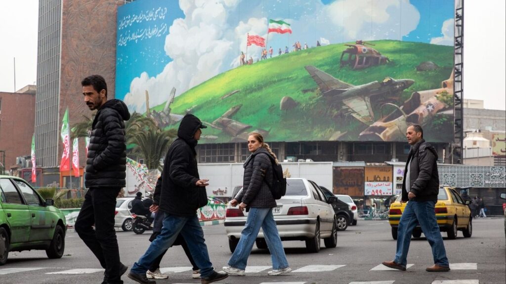 A billboard depicting the wreckage of American fighter jets in Tehran on Saturday, Feb. 7, 2026. The detentions of politicians from Iran’s opposition follow mass arrests and a string of repression tactics aimed at preventing further anti-government unrest. (Arash Khamooshi/The New York Times)