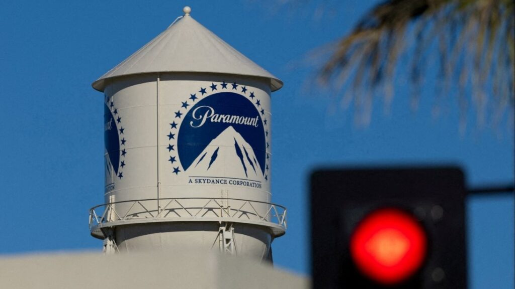 A city street stop sign is shown next to the Paramount water tower at the Paramount studio lot in Hollywood, Los Angeles, California, U.S., January 13, 2026. (Reuters File)