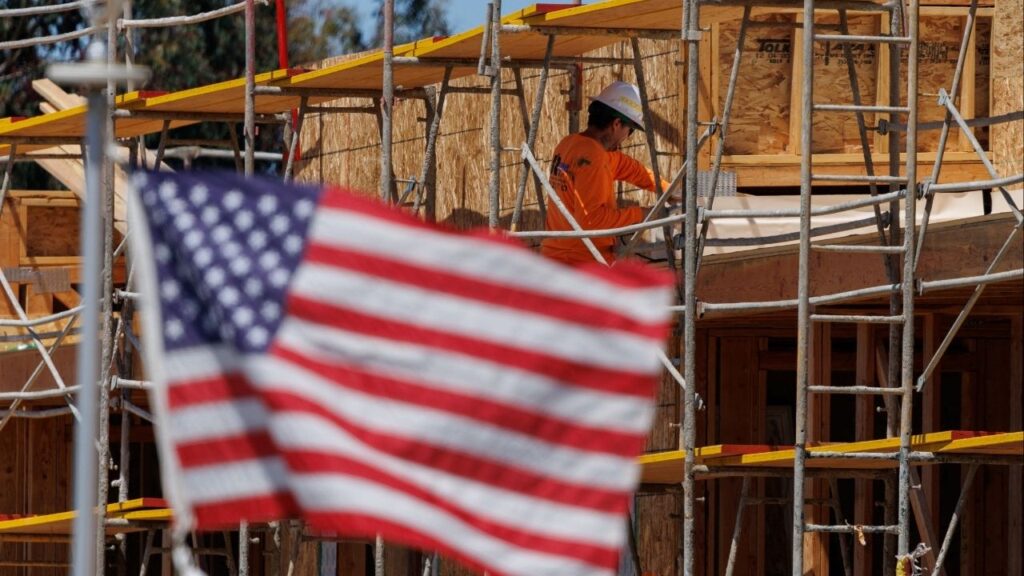 A construction worker is shown at work on a multi-unit residential housing project in Encinitas, California, U.S., July 28, 2025. (Reuters/Mike Blake)