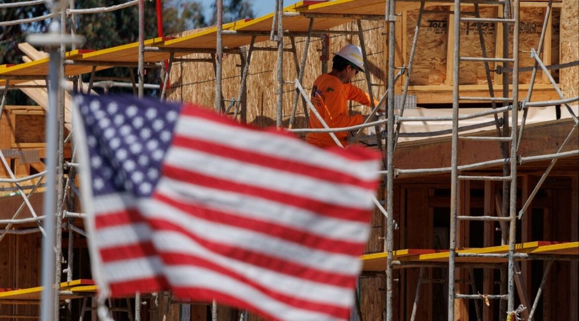 A construction worker is shown at work on a multi-unit residential housing project in Encinitas, California, U.S., July 28, 2025. (Reuters/Mike Blake)
