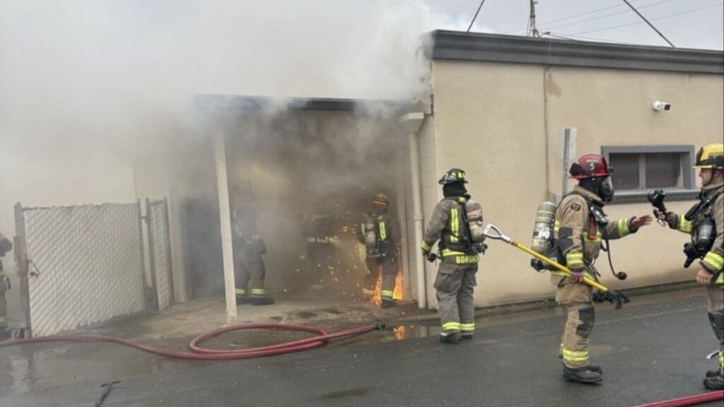A fire broke out in the attic of a Hanford truck parts business Tuesday, Feb. 17, 2026, evening, forcing the owner to escape through a window, but firefighters contained the blaze within 30 minutes with no injuries reported. (Hanford FD)