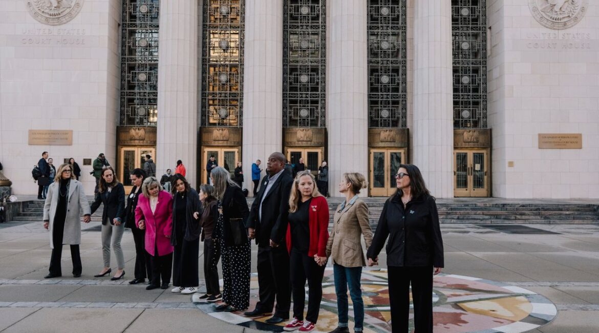 A group of parents who said their children were harmed by social media gather outside of a tech addiction trial at California Superior Court of Los Angeles County in Los Angeles, on Wednesday, Feb. 18, 2026. Mark Zuckerberg, Meta’s chief executive, said on Wednesday that users spent a lot of time on Instagram because of its value, as he was grilled about child safety issues in front of a jury. (Mark Abramson/ The New York Times)