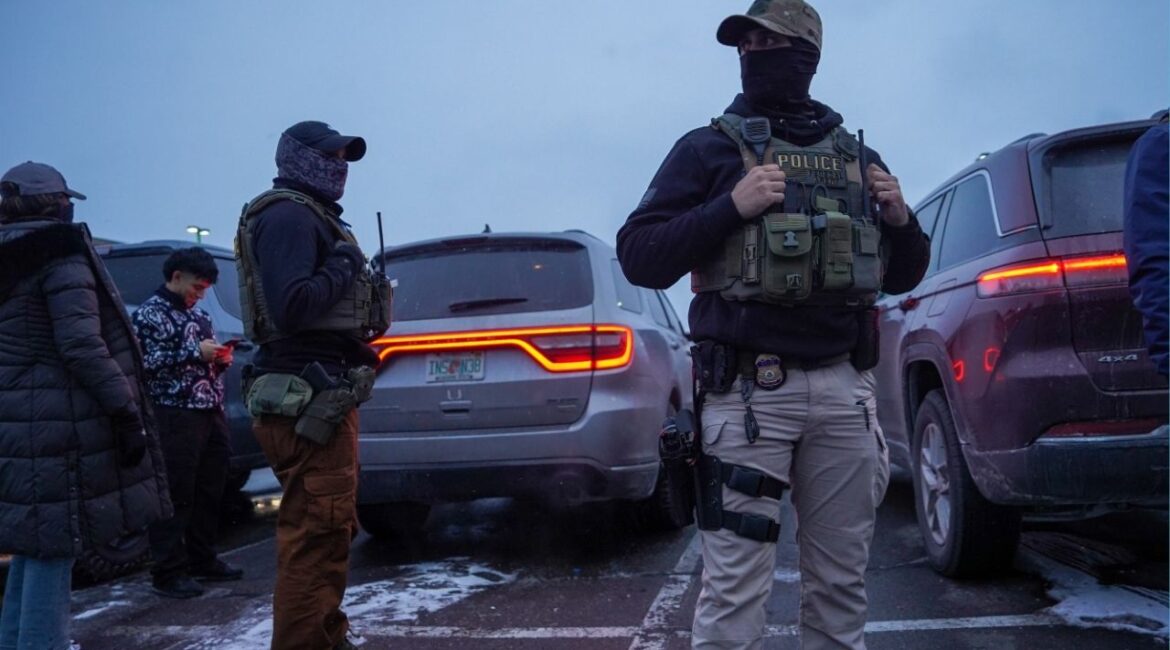 A man is briefly detained by federal agents in the parking lot of a Menards Home Improvement store in Richfield, Minn. on Jan. 10, 2026. ICE agents use facial recognition, social media monitoring and other tech tools not only to identify undocumented immigrants but also to track protesters, current and former officials said. (Ryan Murphy/The New York Times)
