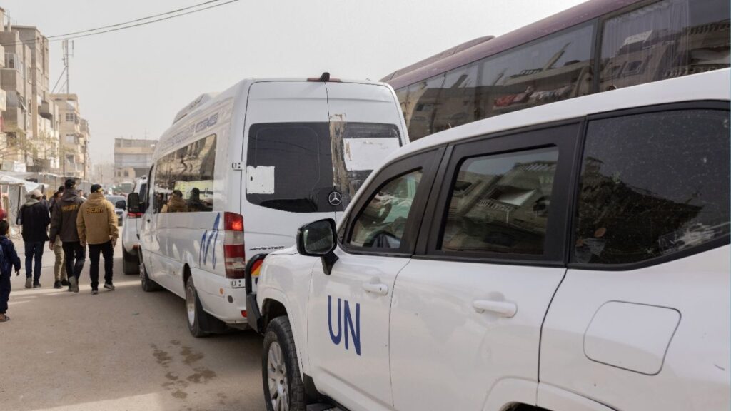 A minibus departs for the Rafah border crossing to Egypt from Khan Younis, Gaza, with five patients, each accompanied by two caregivers, on Monday, Feb. 2, 2026. The first groups of Palestinians started passing through the crossing on Monday morning in both directions, according to Israeli officials, who said they would have final numbers of how many crossed by the end of the day. (Saher Alghorra/The New York Times)