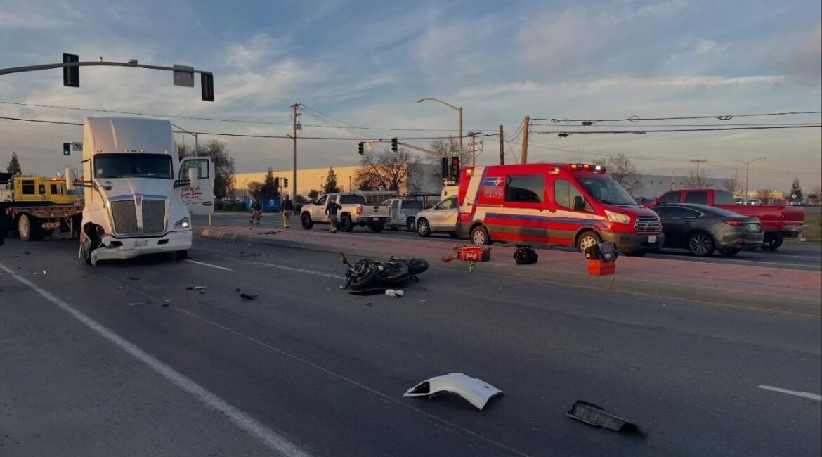 A motorcyclist was injured and taken to Kaweah Health after colliding with a semi-truck at Riggin Avenue and Plaza Drive in Visalia just before 6:30 a.m. Monday, Feb. 23, 2026, police said. (Visalia PD)
