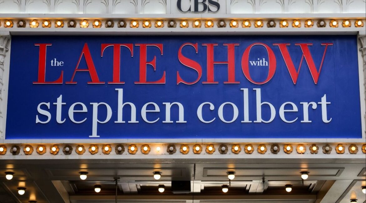 A sign is displayed at the Ed Sullivan Theater, where "The Late Show with Stephen Colbert" is filmed, in New York City, U.S., July 18, 2025. (Reuters/Kylie Cooper)