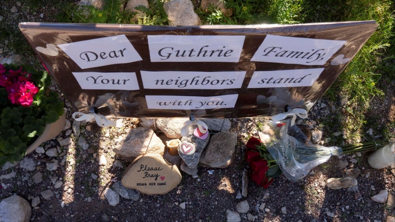 A sign showing support from neighbors is posted at the home of Nancy Guthrie, the 84-year-old mother of U.S. journalist and television host Savannah Guthrie, who went missing from her home in Tucson, U.S. February 9, 2026. (Reuters/Rebecca Noble)