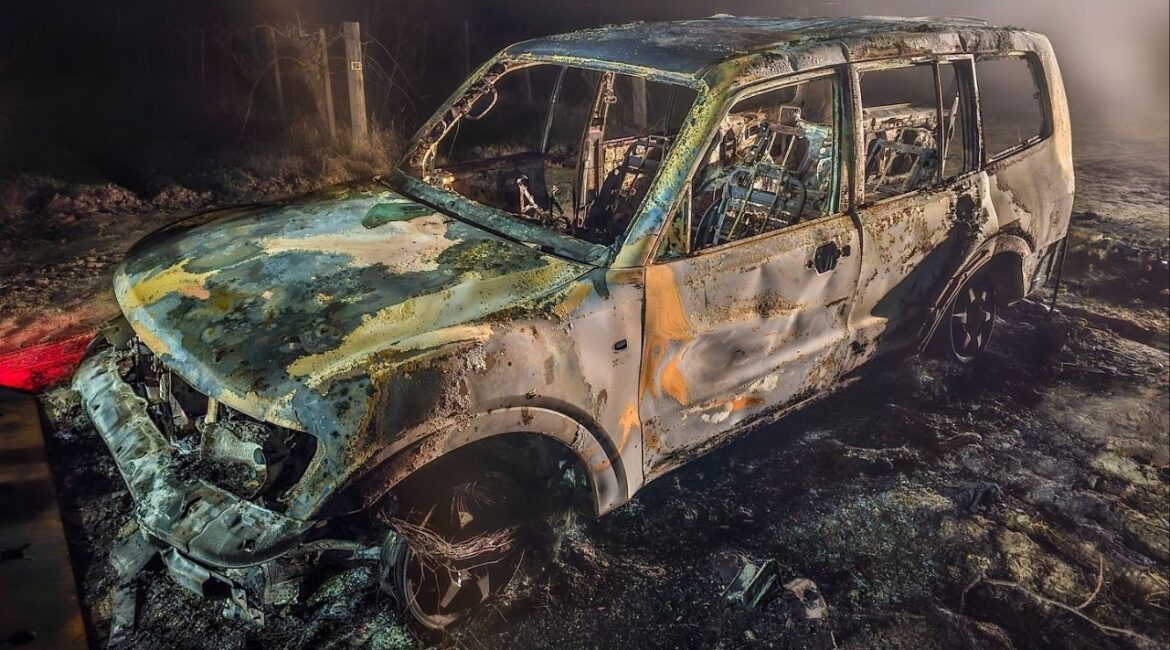 A stolen Mitsubishi was found burned and abandoned in the Fresno area, prompting CHP to remind residents to secure their vehicles. (CHP)