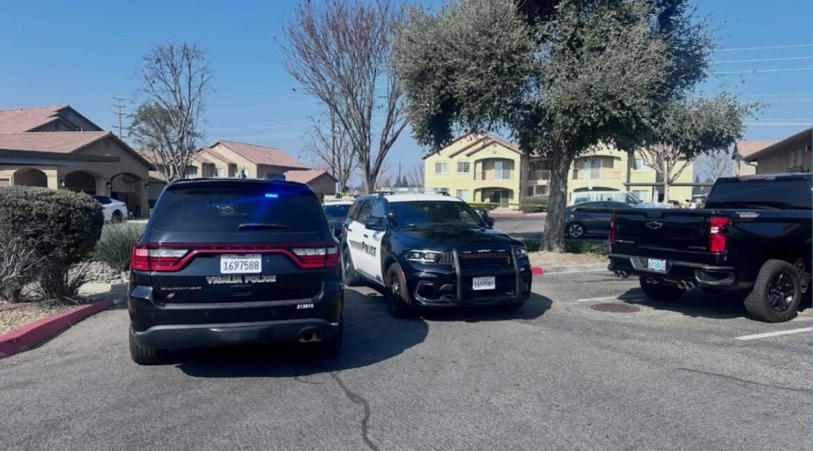 A suspect was arrested following a hit-and-run and connected assault along Lovers Lane in Visalia Wednesday, Feb. 4, 2026. (Visalia PD)