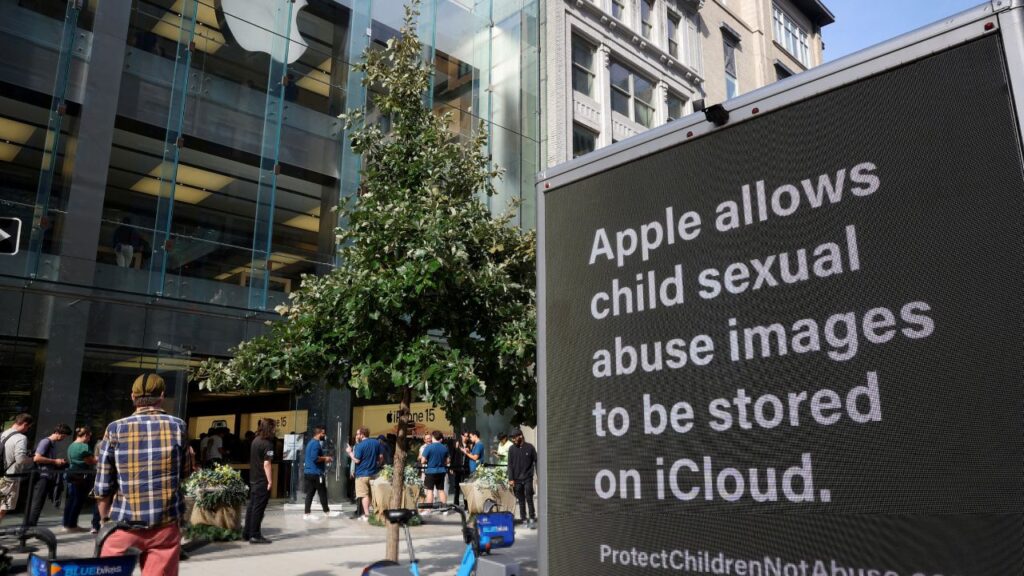 A truck from the child advocacy organization Heat Initiative calling on Apple to do more to police child sex abuse material on iCloud, is parked outside the Apple store as people line up to get the new iPhone 15 in Boston, Massachusetts, U.S., September 22, 2023. (Reuters/Brian Snyder/File Photo)