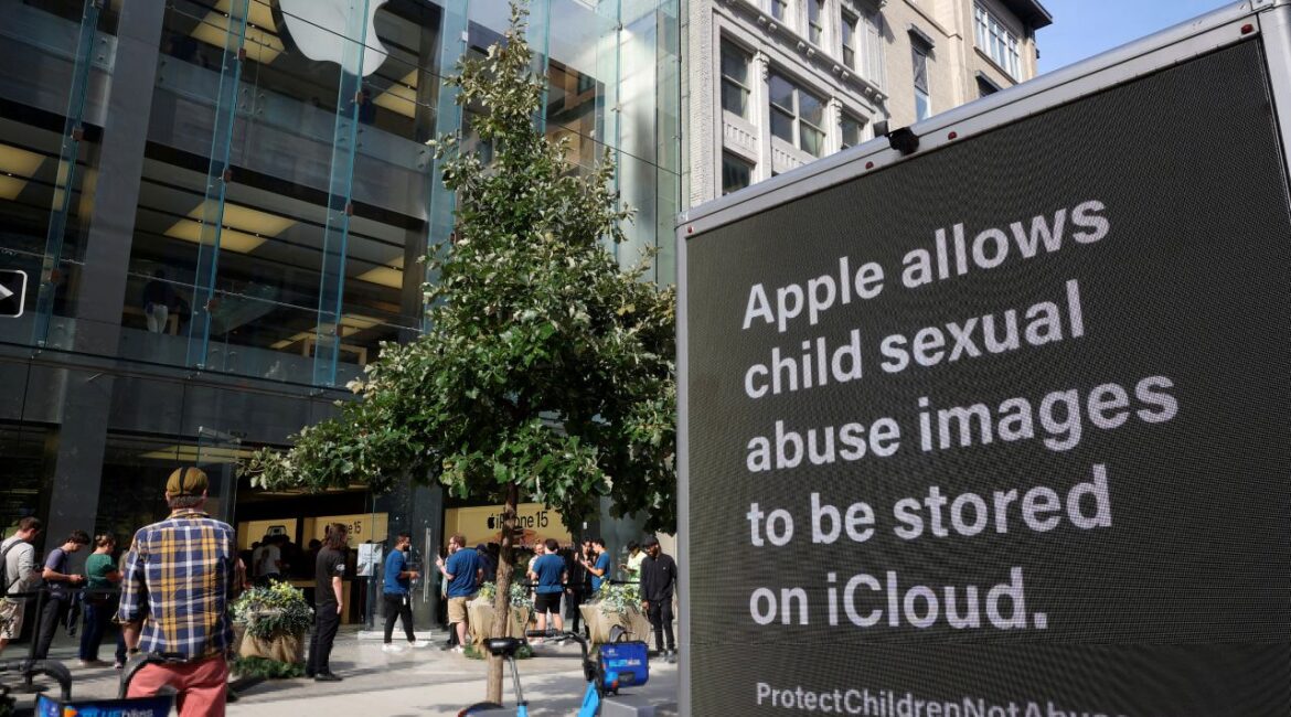 A truck from the child advocacy organization Heat Initiative calling on Apple to do more to police child sex abuse material on iCloud, is parked outside the Apple store as people line up to get the new iPhone 15 in Boston, Massachusetts, U.S., September 22, 2023. (Reuters/Brian Snyder/File Photo)