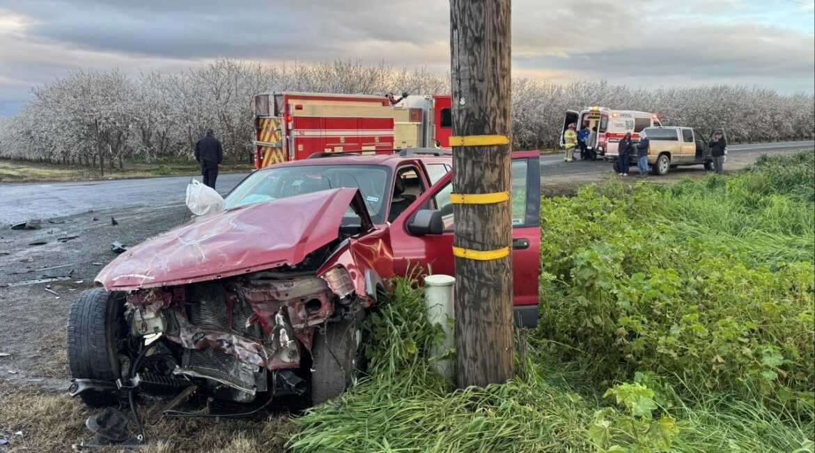 A truck tractor and passenger vehicle collided at a Porterville intersection Monday, Feb. 16, 2026, with those involved suffering only minor injuries, CHP said. (CHP)