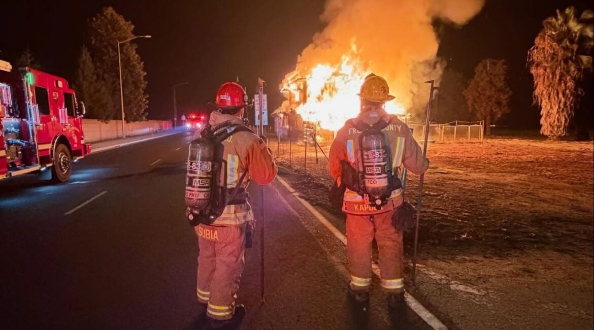 A two-story abandoned home in Parlier caught fire Friday, Feb. 13, 2026, morning, with firefighters taking a defensive approach as the cause remains under investigation. (CalFire)