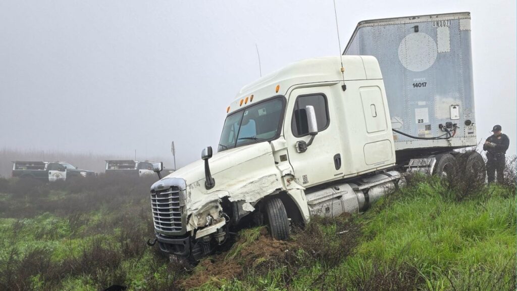 A two-vehicle crash involving commercial trucks in Merced County Wednesday, Feb. 4, 2026, morning highlighted the dangers of driving in dense fog, CHP officials said. (CHP)