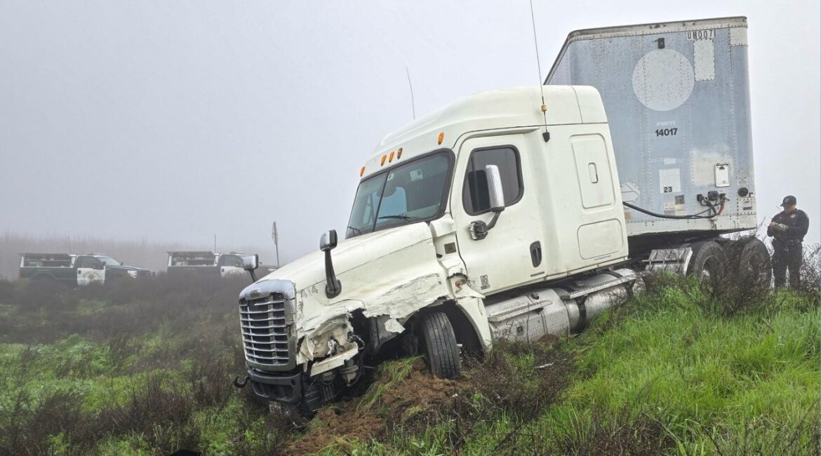 A two-vehicle crash involving commercial trucks in Merced County Wednesday, Feb. 4, 2026, morning highlighted the dangers of driving in dense fog, CHP officials said. (CHP)