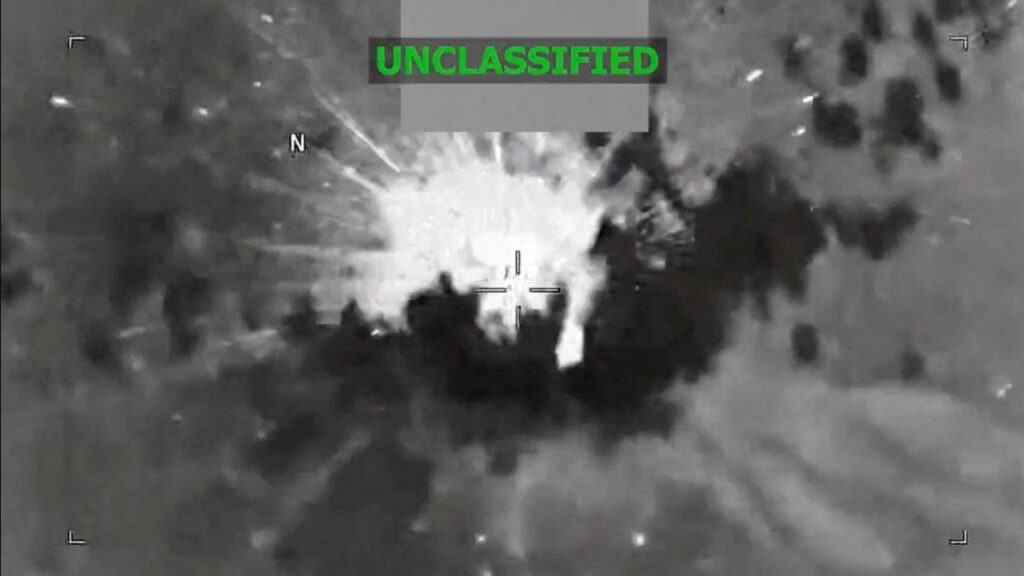 An explosion occurs on a vessel during what the U.S. military says was a kinetic strike on a suspected drug trafficking vessel in the Caribbean, at an unidentified location in this screen grab obtained from a video released on February 13, 2026. US Southern Command/Handout via Reuters