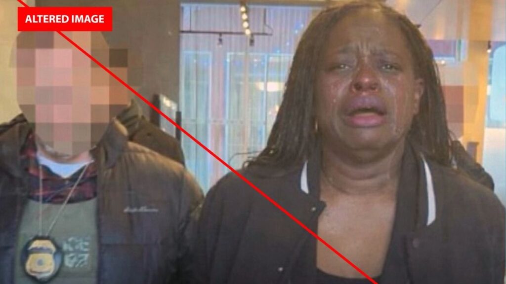 An image posted on the White House’s account on X shows a doctored version of a photo of Nekima Levy Armstrong under arrest in St. Paul, Minn. President Trump and the White House regularly circulate imagery that has been manipulated by artificial intelligence. But the photo of Levy Armstrong was different. (The White House via The New York Times) — NO SALES; EDITORIAL USE ONLY—