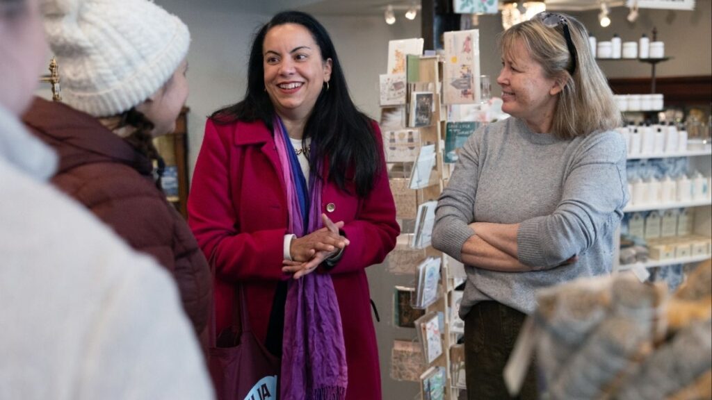 Analilia Mejia, a left-leaning organizer who has been endorsed by Sen. bernie Sanders (I-Vt.), campaigns in Maplewood, N.., on Wednesday, Feb. 4, 2026. Mejia whose main opponent conceded days ago, was declared the winner on Thursday, Feb. 12, in a primary for Gov. Mikie Sherrill’s former seat in the House, a week after polls closed. (Rachel Wisniewski/The New York Times)