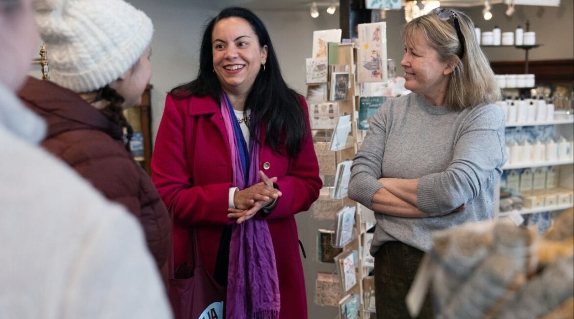 Analilia Mejia, a left-leaning organizer who has been endorsed by Sen. bernie Sanders (I-Vt.), campaigns in Maplewood, N.., on Wednesday, Feb. 4, 2026. Mejia whose main opponent conceded days ago, was declared the winner on Thursday, Feb. 12, in a primary for Gov. Mikie Sherrill’s former seat in the House, a week after polls closed. (Rachel Wisniewski/The New York Times)