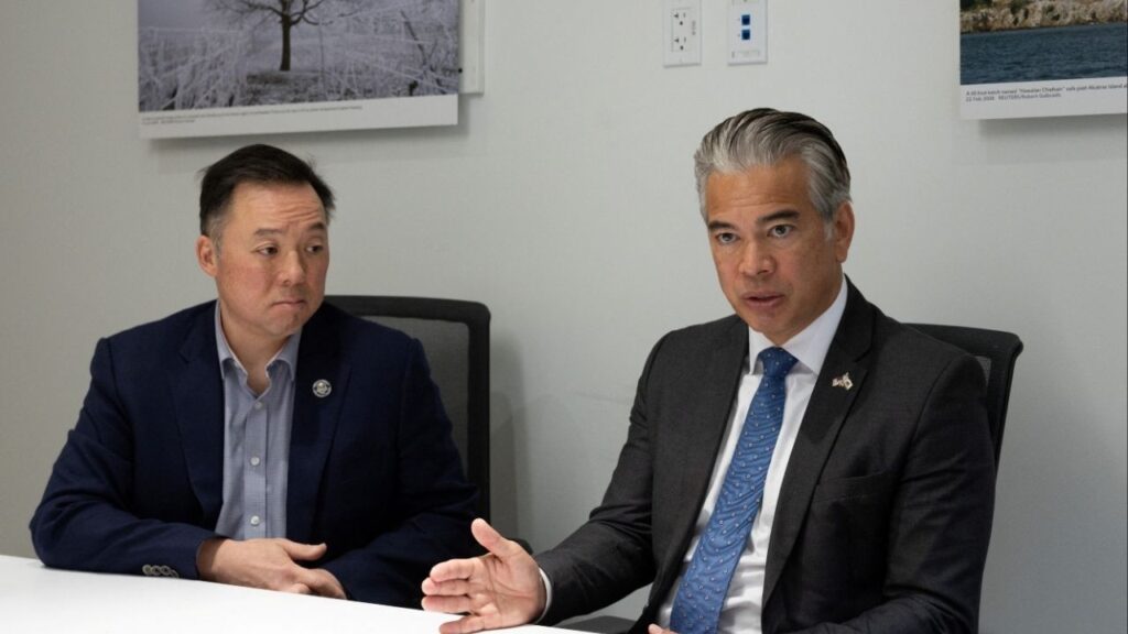 Attorney General of California Rob Bonta and Attorney General of Connecticut William Tong attend an interview with Reuters in downtown San Francisco, California, U.S., February 17, 2026. (Reuters/Carlos Barria)