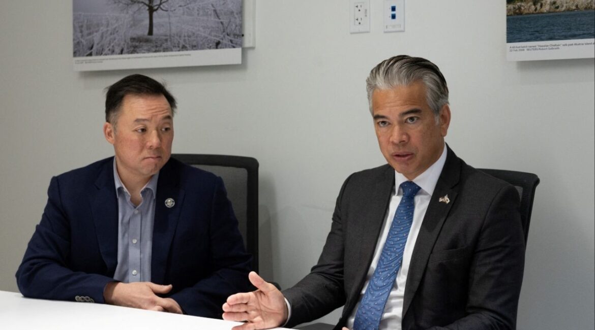 Attorney General of California Rob Bonta and Attorney General of Connecticut William Tong attend an interview with Reuters in downtown San Francisco, California, U.S., February 17, 2026. (Reuters/Carlos Barria)