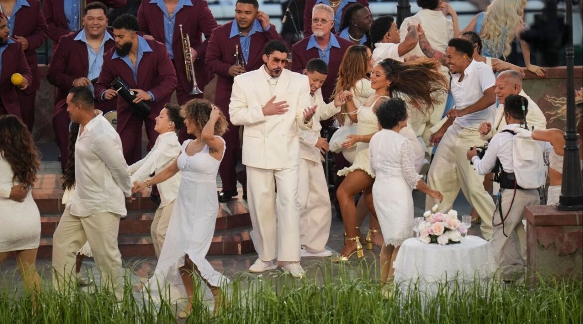 Bad Bunny performs in his white suit by the fast-fashion retailer Zara during the halftime show of Super Bowl LX at Levi’s Stadium in Santa Clara, Calif., Feb. 8, 2026. The Puerto Rican superstar’s set included cameos, stunts and powerful statements. (Loren Elliott/The New York Times)