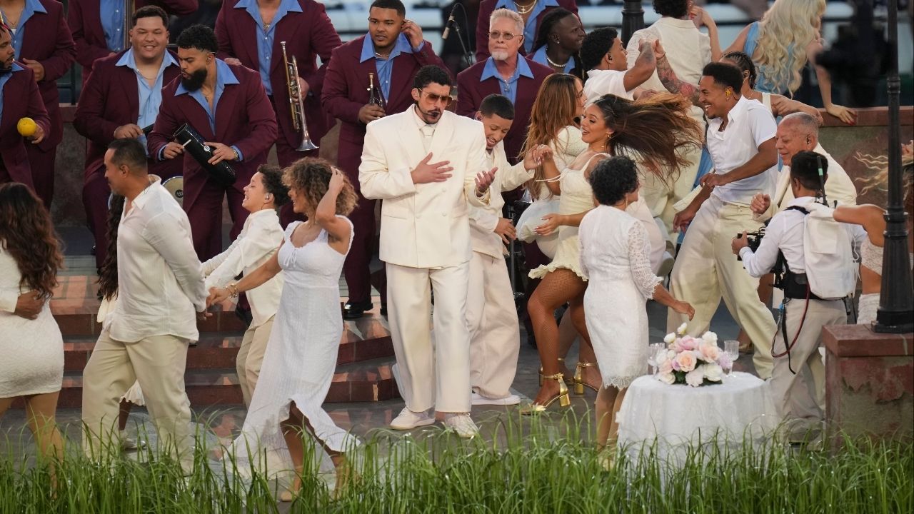 Bad Bunny performs in his white suit by the fast-fashion retailer Zara during the halftime show of Super Bowl LX at Levi’s Stadium in Santa Clara, Calif., Feb. 8, 2026. The Puerto Rican superstar’s set included cameos, stunts and powerful statements. (Loren Elliott/The New York Times)