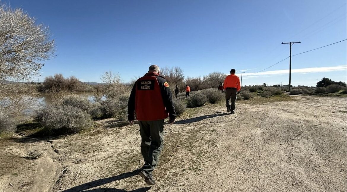 Bakersfield Search & Rescue and Kern County deputies, joined by the missing man’s family, conducted a multi-day search using K9s, drones, and air support near Highway 14. (Bakersfield Search & Rescue)