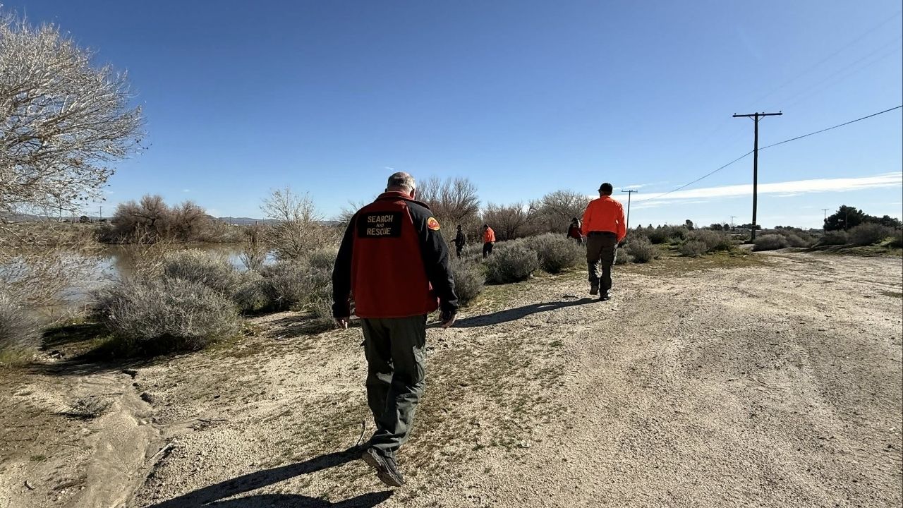 Bakersfield Search & Rescue and Kern County deputies, joined by the missing man’s family, conducted a multi-day search using K9s, drones, and air support near Highway 14. (Bakersfield Search & Rescue)
