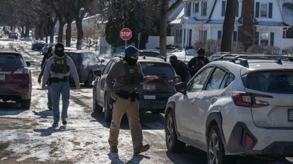 Border Patrol agents stop vehicles and confront drivers following them in Minneapolis, Jan. 29, 2026. The Department of Homeland Security’s funding has lapsed and lawmakers are deadlocked over a proposal to restore it, with Democrats seeking restrictions on the federal agents carrying out President Donald Trump’s immigration crackdown. (Victor J. Blue/The New York Times)