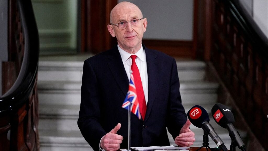 British Defense Minister John Healey attends a press conference at the Ministry of Defense in Copenhagen, January 21, 2026. (Reuters File)