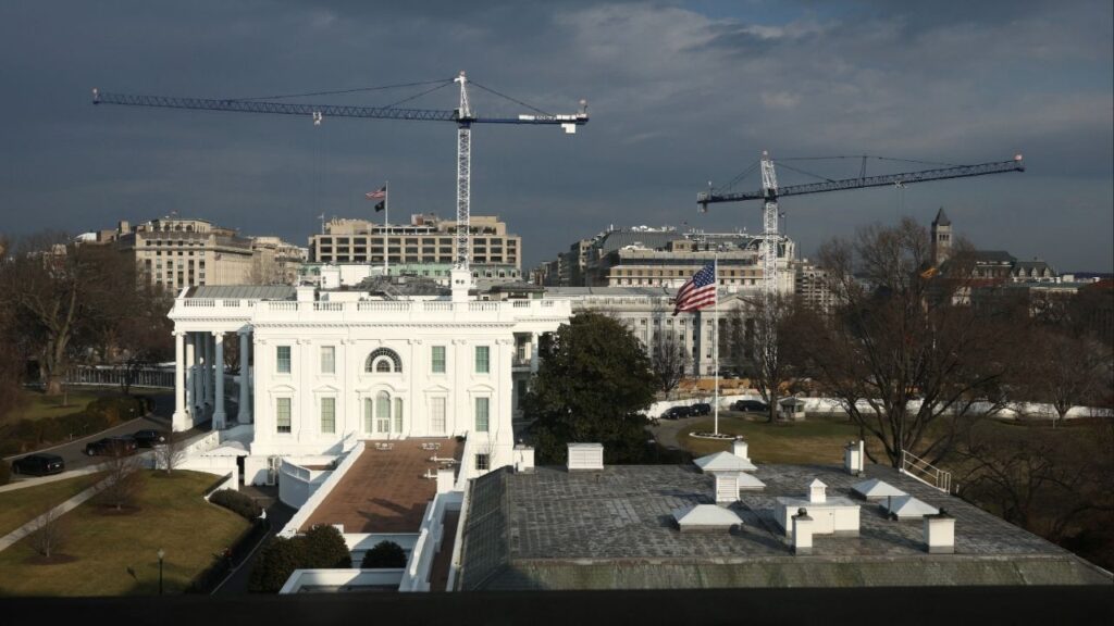 Cranes loom over the construction zone of U.S. President Donald Trump’s ballroom at the White House in Washington, D.C., U.S., February 25, 2026. (Reuters/Kevin Lamarque)